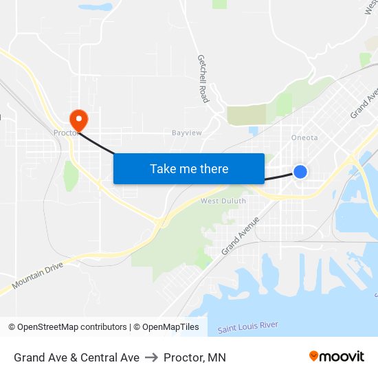 Grand Ave & Central Ave to Proctor, MN map