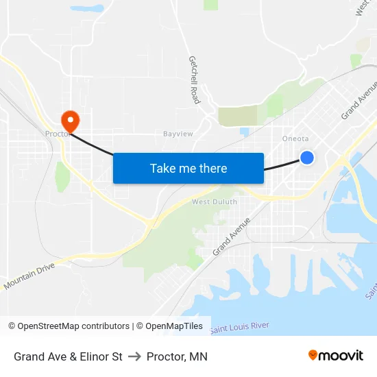Grand Ave & Elinor St to Proctor, MN map