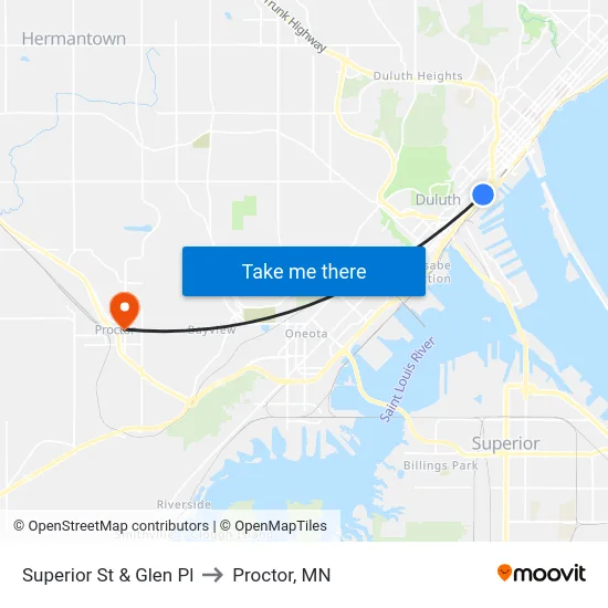 Superior St & Glen Pl to Proctor, MN map