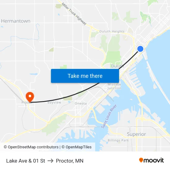 Lake Ave & 01 St to Proctor, MN map