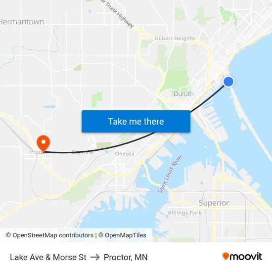 Lake Ave & Morse St to Proctor, MN map