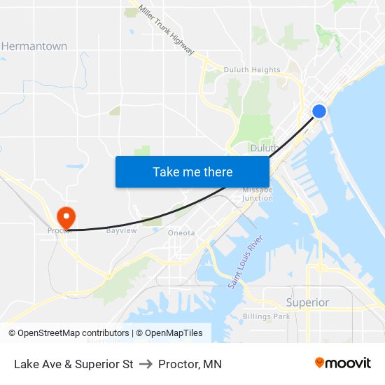 Lake Ave & Superior St to Proctor, MN map