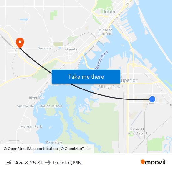 Hill Ave & 25 St to Proctor, MN map