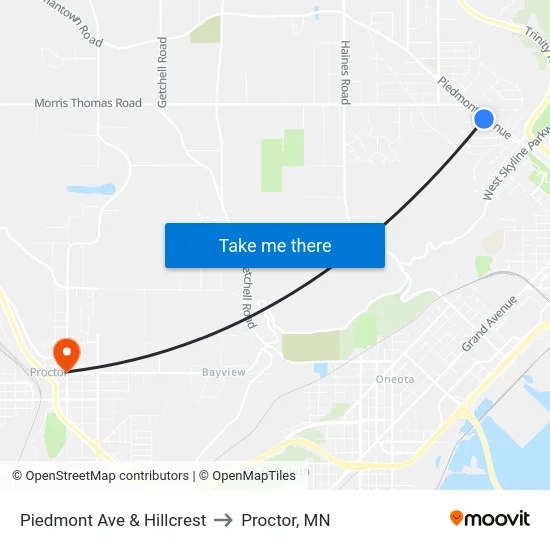 Piedmont Ave & Hillcrest to Proctor, MN map