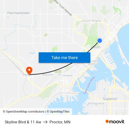 Skyline Blvd & 11 Aw to Proctor, MN map