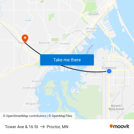 Tower Ave & 16 St to Proctor, MN map