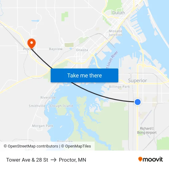 Tower Ave & 28 St to Proctor, MN map