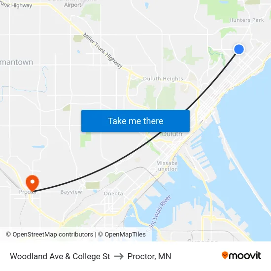 Woodland Ave & College St to Proctor, MN map