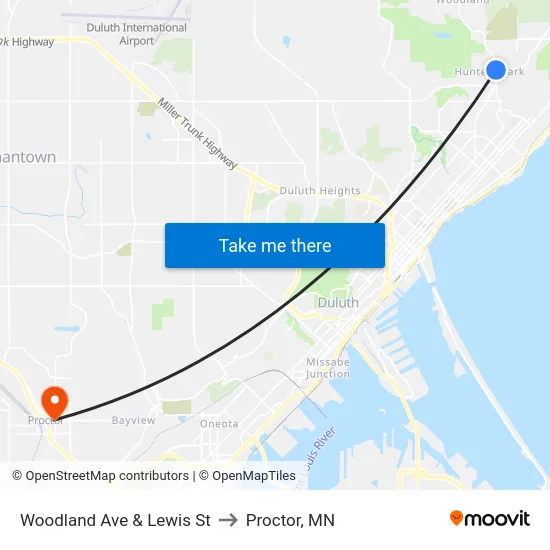 Woodland Ave & Lewis St to Proctor, MN map