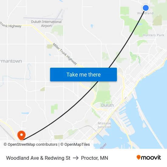 Woodland Ave & Redwing St to Proctor, MN map