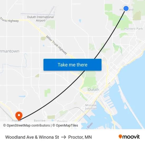 Woodland Ave & Winona St to Proctor, MN map