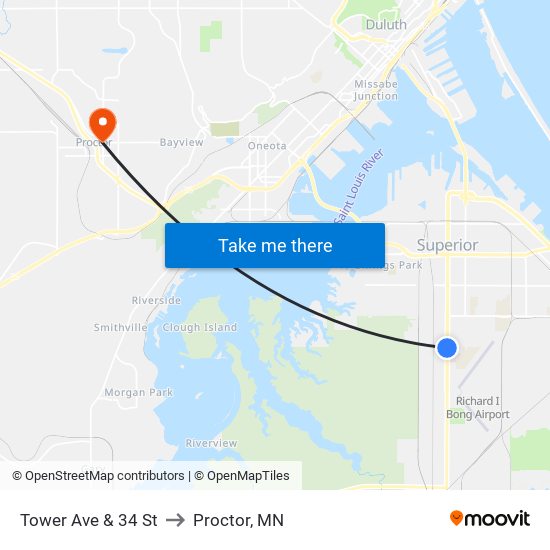 Tower Ave & 34 St to Proctor, MN map