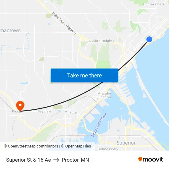 Superior St & 16 Ae to Proctor, MN map
