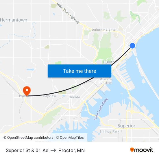 Superior St & 01 Ae to Proctor, MN map