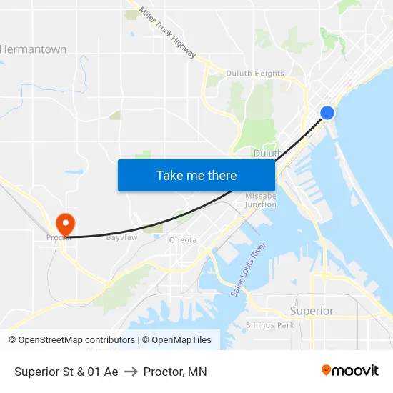 Superior St & 01 Ae to Proctor, MN map