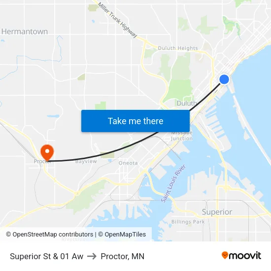 Superior St & 01 Aw to Proctor, MN map
