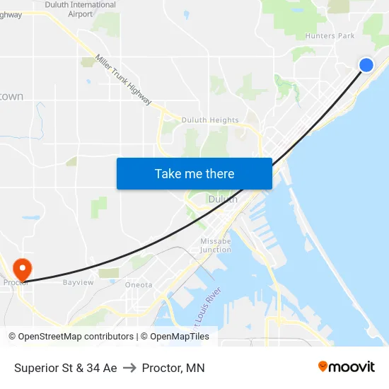 Superior St & 34 Ae to Proctor, MN map
