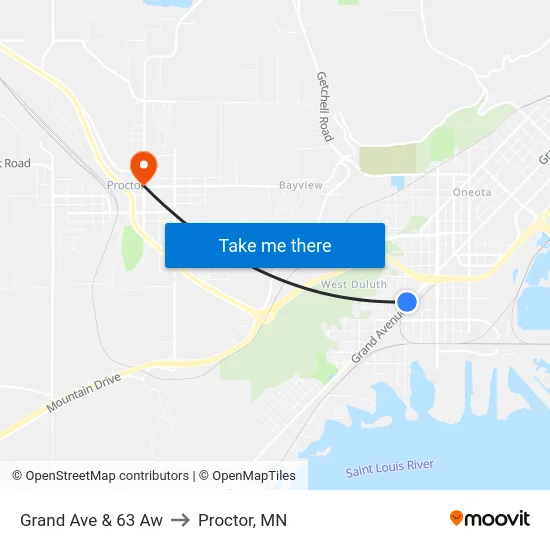Grand Ave & 63 Aw to Proctor, MN map