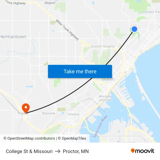 College St & Missouri to Proctor, MN map