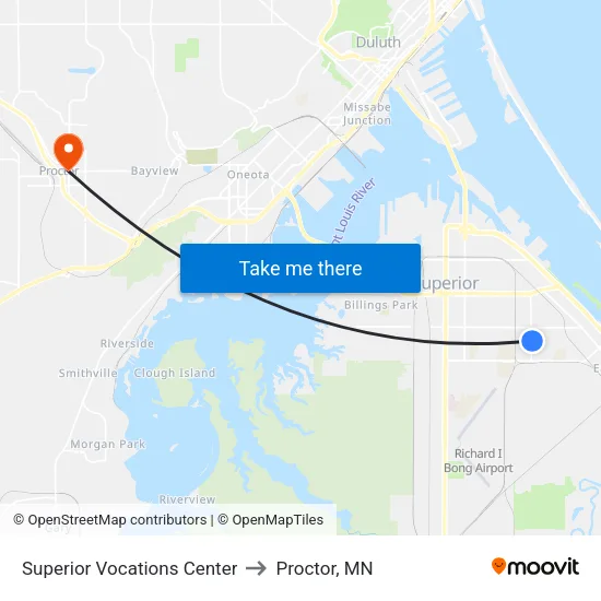 Superior Vocations Center to Proctor, MN map