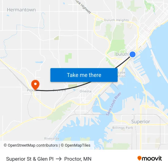 Superior St & Glen Pl to Proctor, MN map