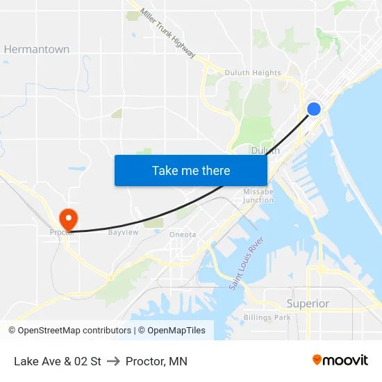 Lake Ave & 02 St to Proctor, MN map