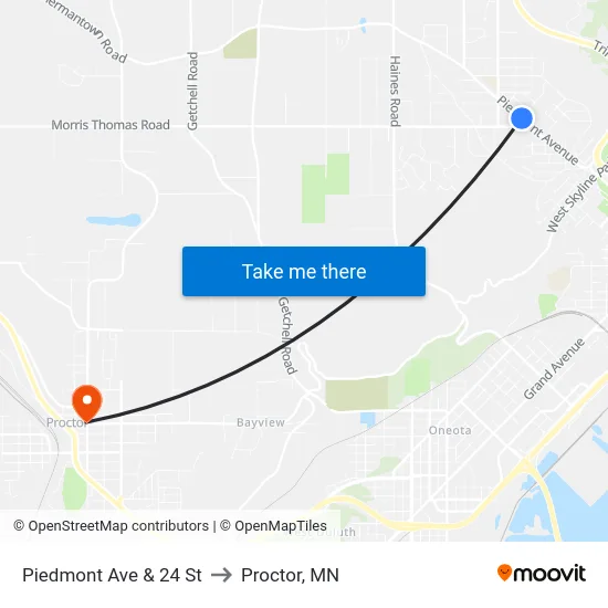 Piedmont Ave & 24 St to Proctor, MN map