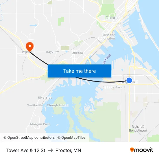 Tower Ave & 12 St to Proctor, MN map