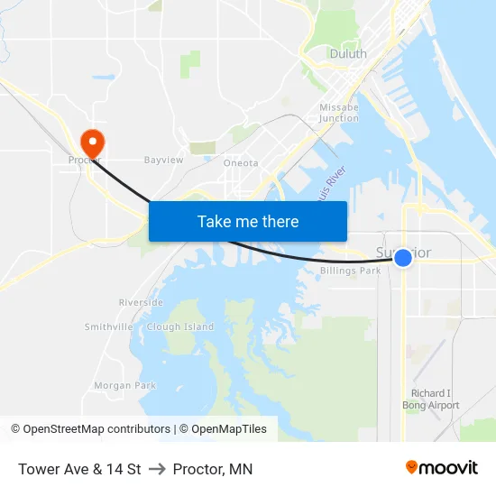 Tower Ave & 14 St to Proctor, MN map