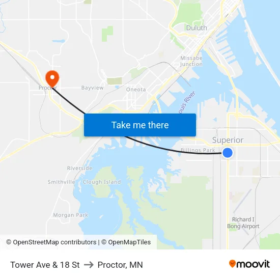 Tower Ave & 18 St to Proctor, MN map
