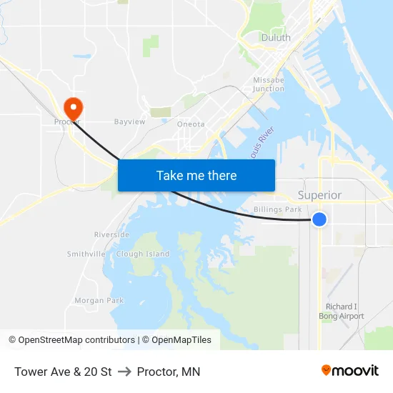 Tower Ave & 20 St to Proctor, MN map