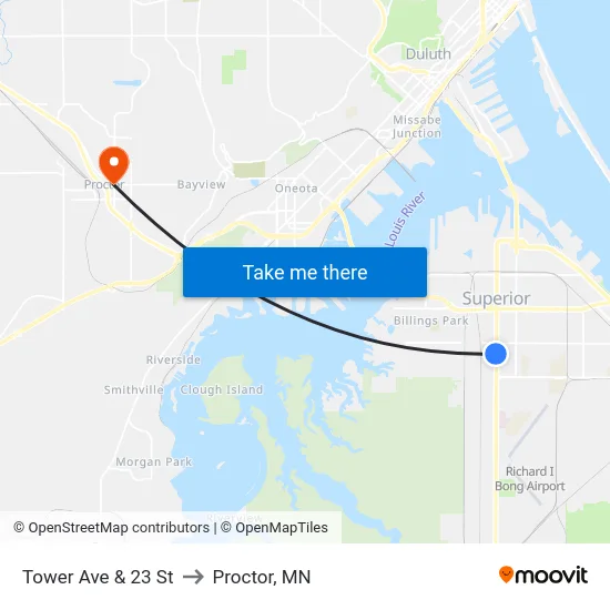 Tower Ave & 23 St to Proctor, MN map