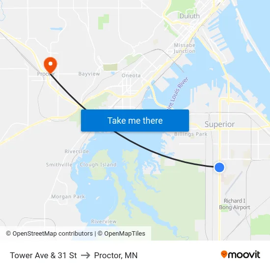 Tower Ave & 31 St to Proctor, MN map