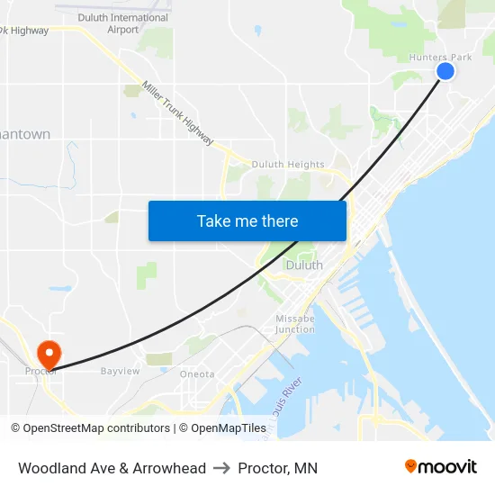 Woodland Ave & Arrowhead to Proctor, MN map