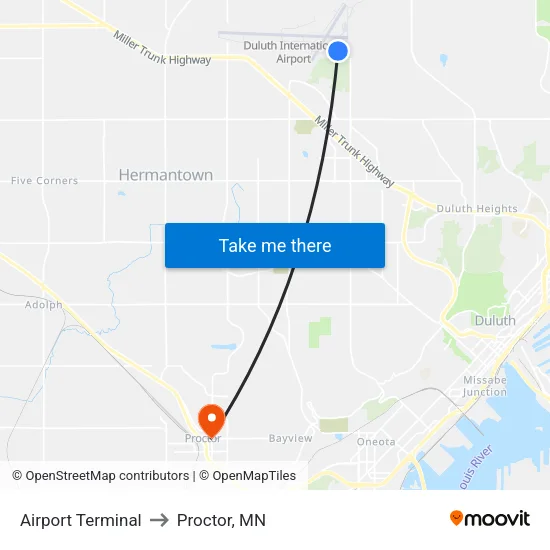 Airport Terminal to Proctor, MN map