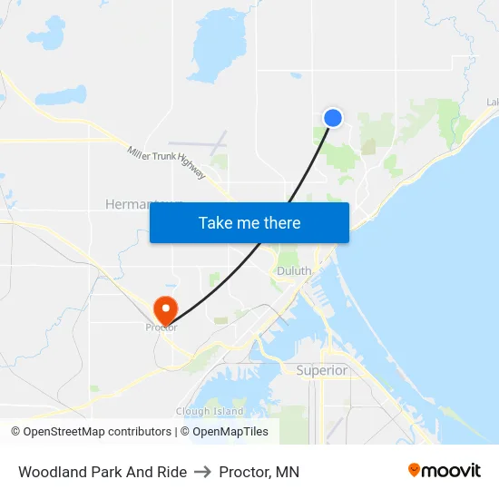 Woodland Park And Ride to Proctor, MN map