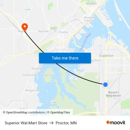 Superior Wal-Mart Store to Proctor, MN map