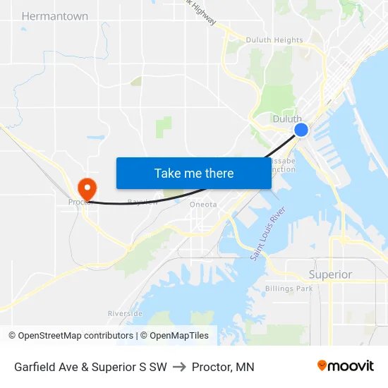 Garfield Ave & Superior S SW to Proctor, MN map