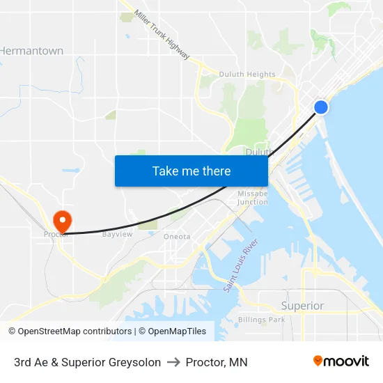 3rd Ae & Superior Greysolon to Proctor, MN map