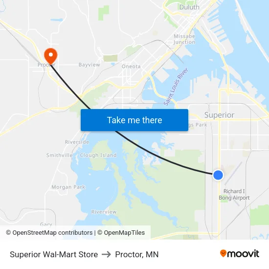 Superior Wal-Mart Store to Proctor, MN map