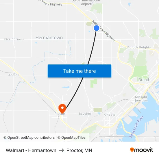 Walmart - Hermantown to Proctor, MN map