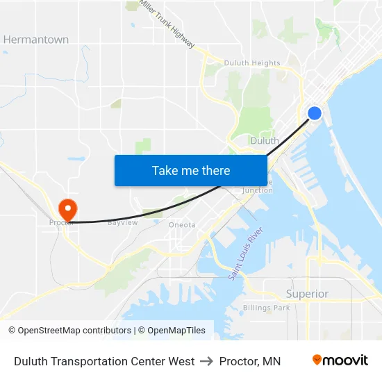 Duluth Transportation Center West to Proctor, MN map