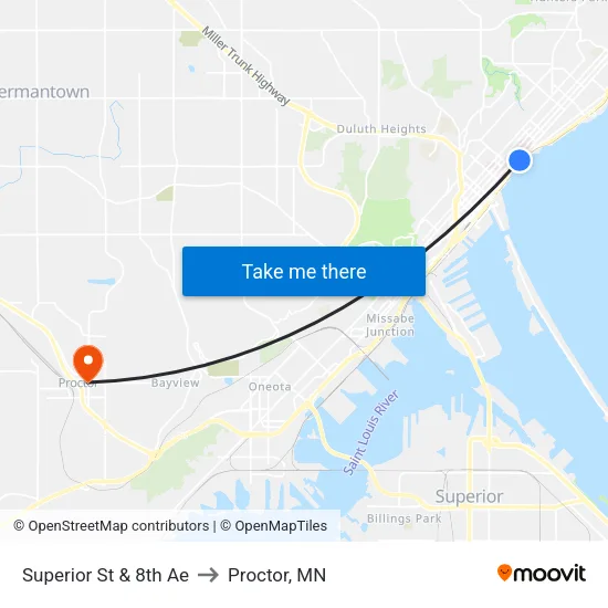 Superior St & 8th Ae to Proctor, MN map