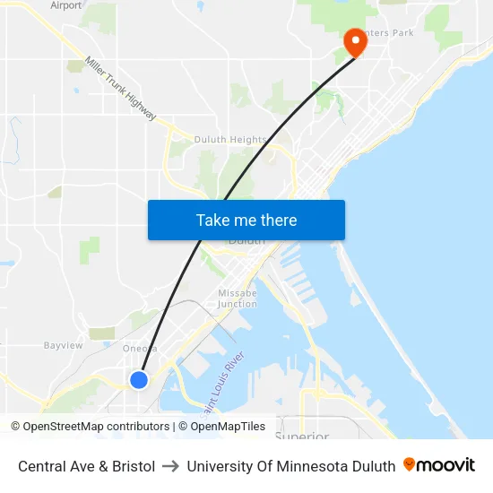 Central Ave & Bristol to University Of Minnesota Duluth map