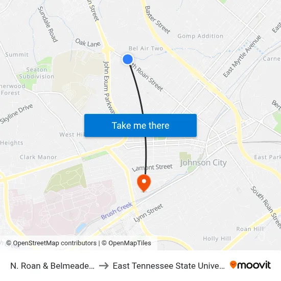 N. Roan & Belmeade Nb to East Tennessee State University map