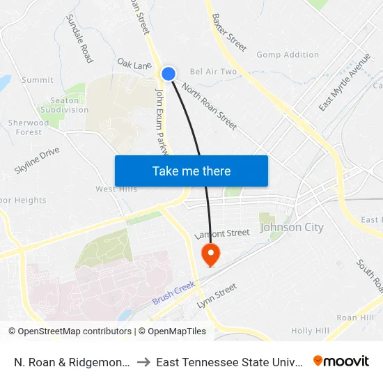 N. Roan & Ridgemont Nb to East Tennessee State University map