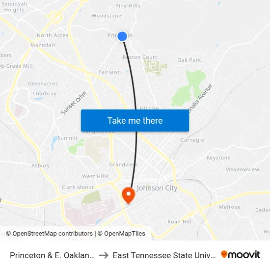 Princeton & E. Oakland Nb to East Tennessee State University map