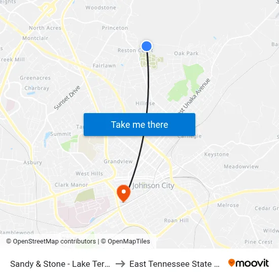 Sandy & Stone - Lake Terrace Apts to East Tennessee State University map
