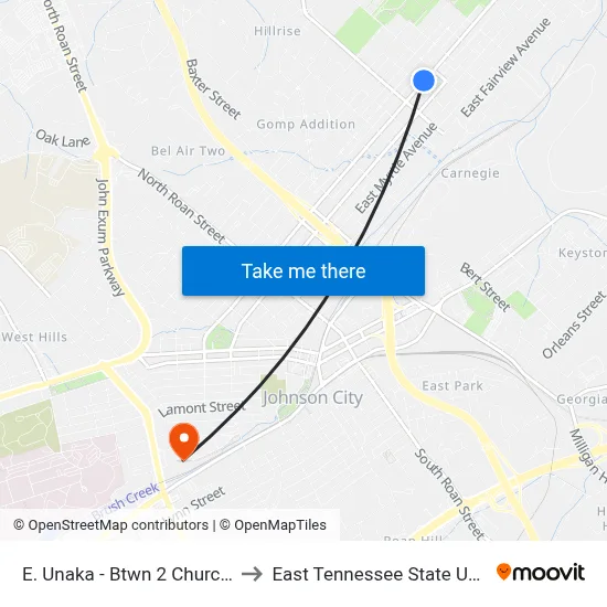 E. Unaka - Btwn 2 Churches Wb to East Tennessee State University map