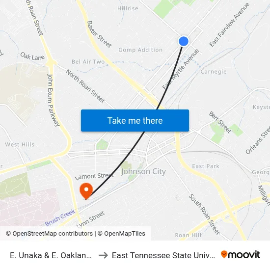 E. Unaka & E. Oakland Wb to East Tennessee State University map